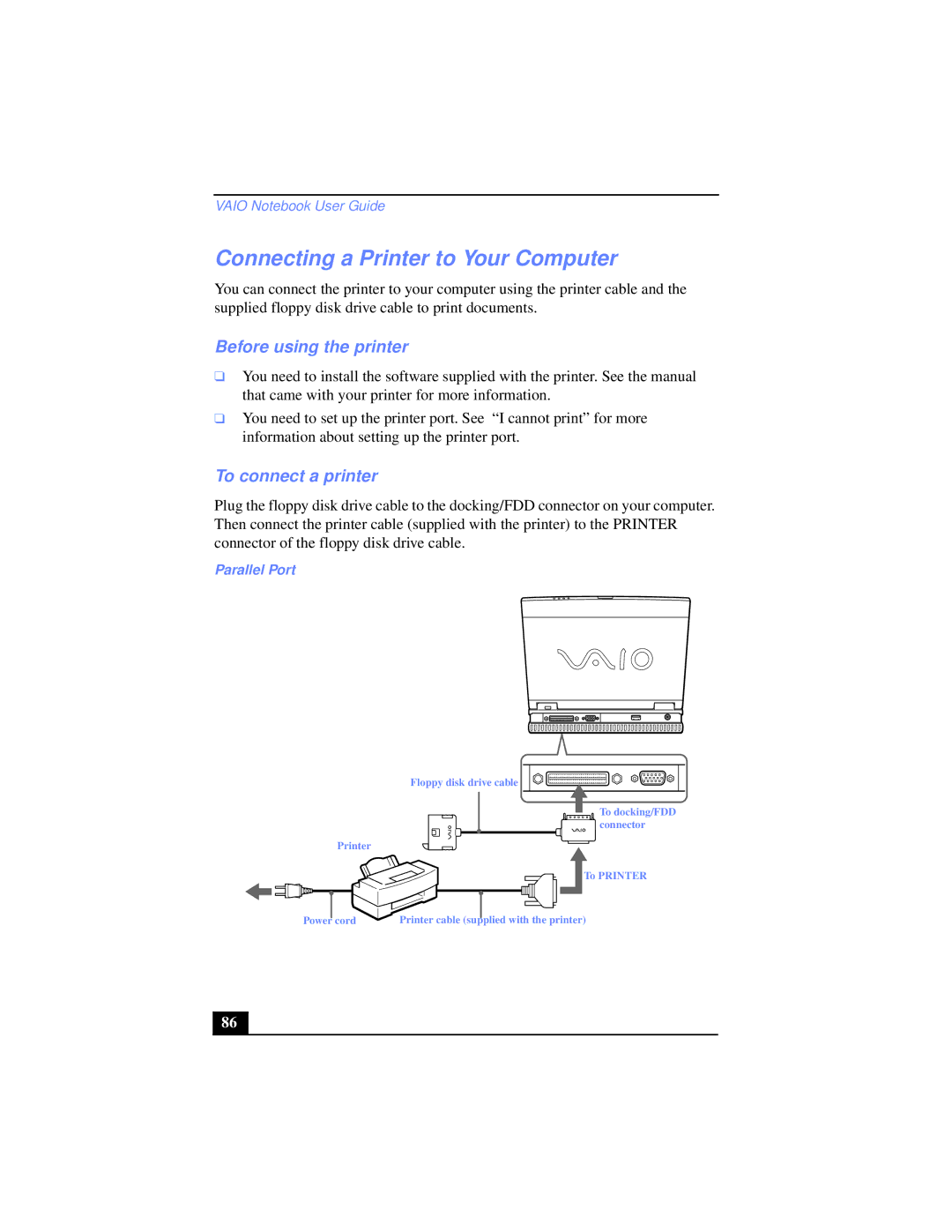 Sony PCG-XG39K manual Connecting a Printer to Your Computer, Before using the printer, To connect a printer, Parallel Port 