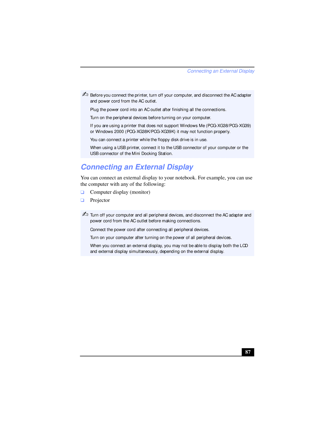 Sony PCG-XG38K, PCG-XG39K manual Connecting an External Display 