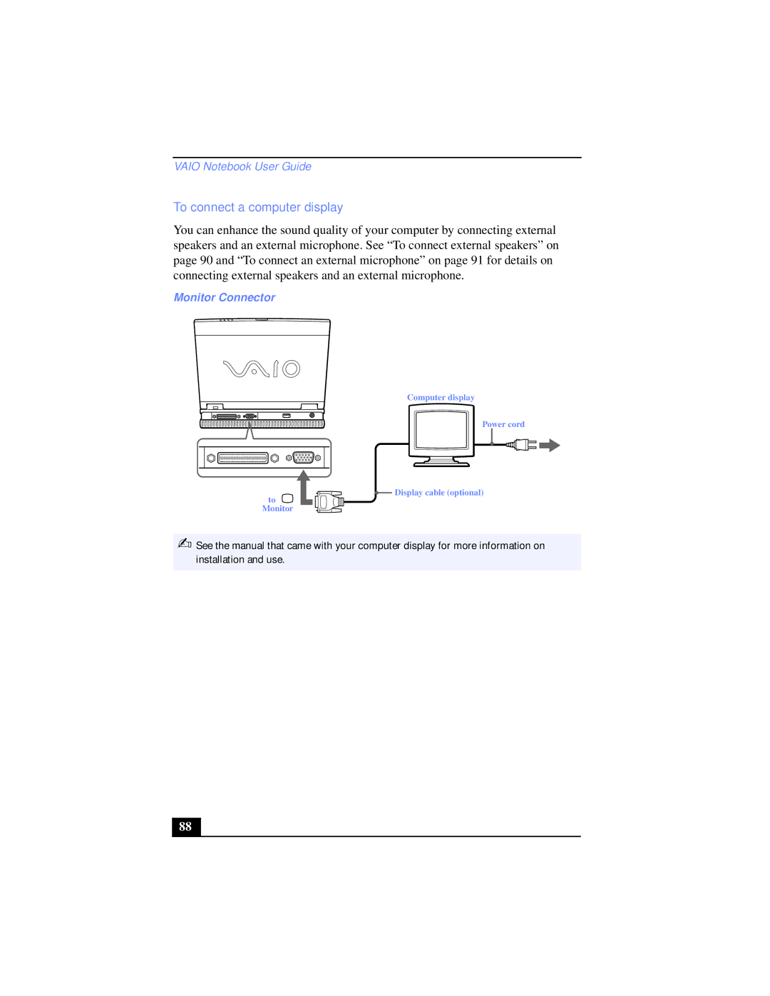 Sony PCG-XG39K, PCG-XG38K manual To connect a computer display, Monitor Connector 