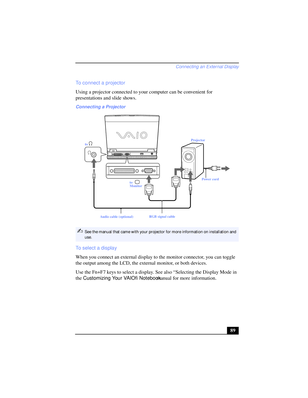 Sony PCG-XG39K, PCG-XG38K manual To connect a projector, To select a display, Connecting a Projector 