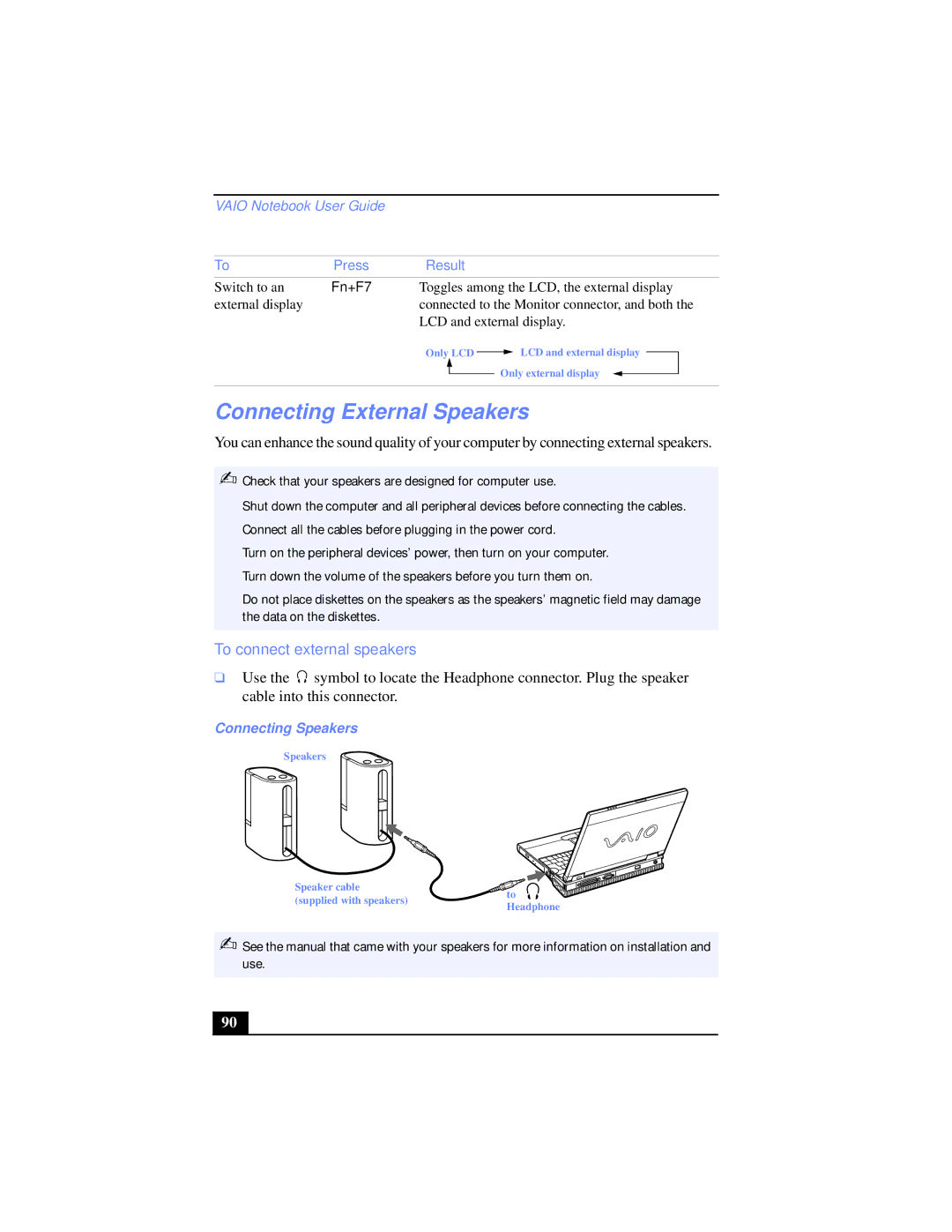 Sony PCG-XG39K, PCG-XG38 Connecting External Speakers, To connect external speakers, Press Result, Connecting Speakers 