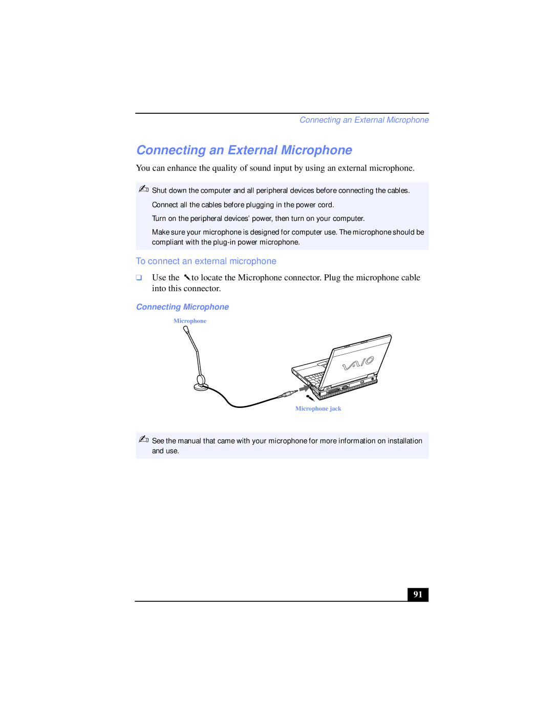 Sony PCG-XG38K, PCG-XG39 manual Connecting an External Microphone, To connect an external microphone, Connecting Microphone 