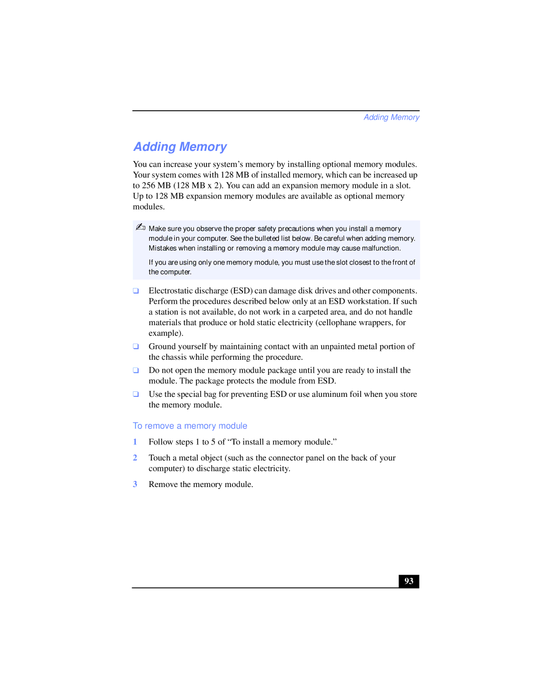 Sony PCG-XG39K, PCG-XG38K manual Adding Memory, To remove a memory module 