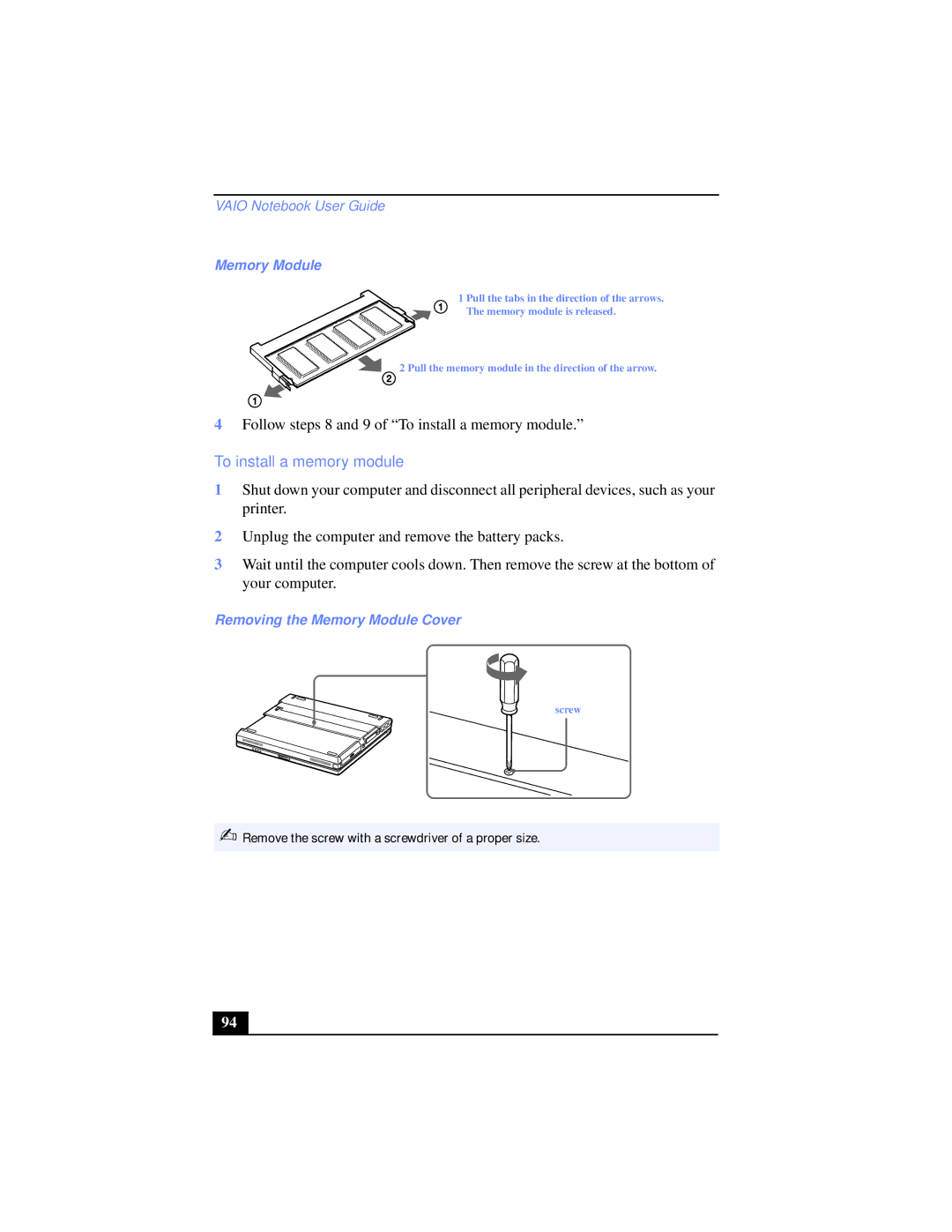 Sony PCG-XG39K, PCG-XG38K manual To install a memory module, Removing the Memory Module Cover 