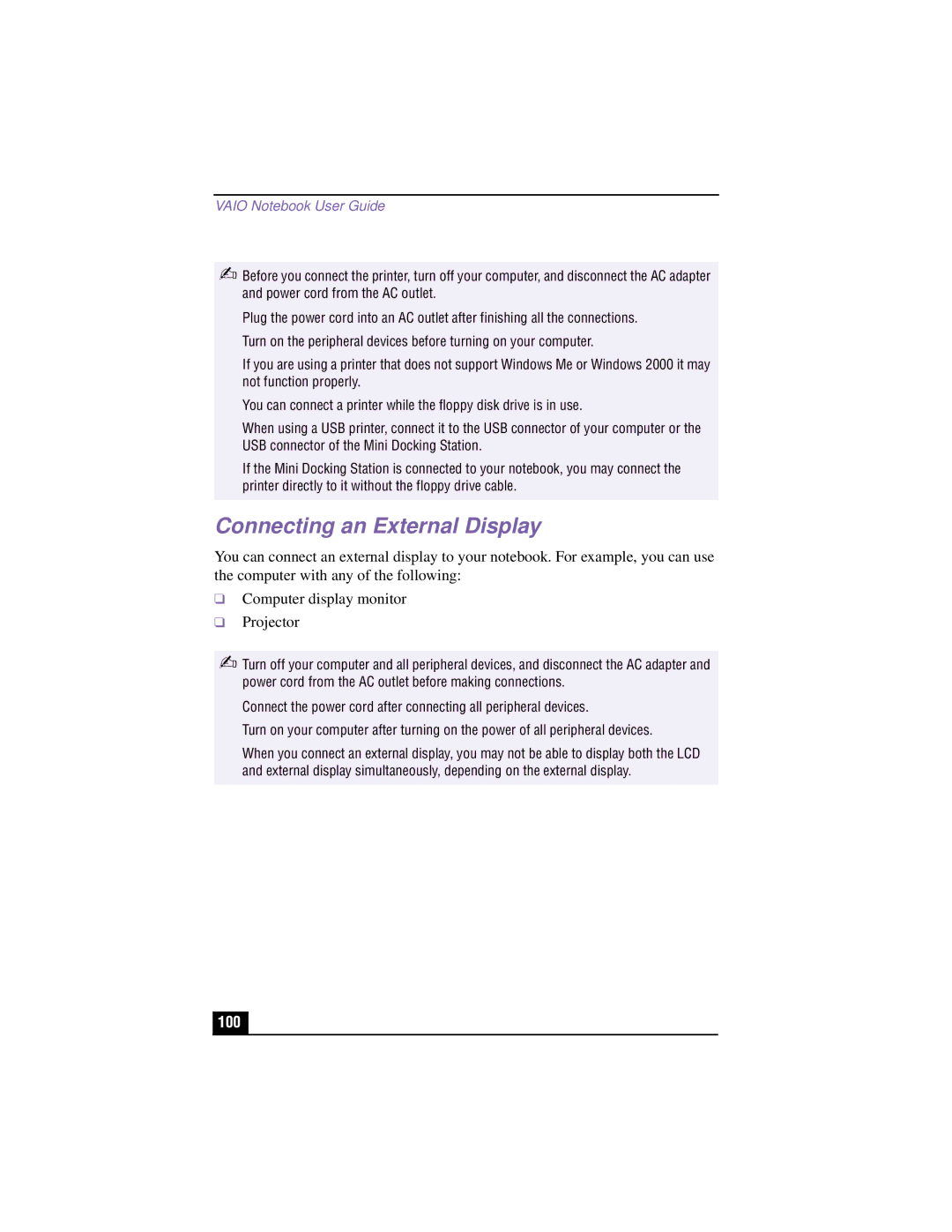 Sony PCG-XG700K, PCG-XG500K manual Connecting an External Display, 100 