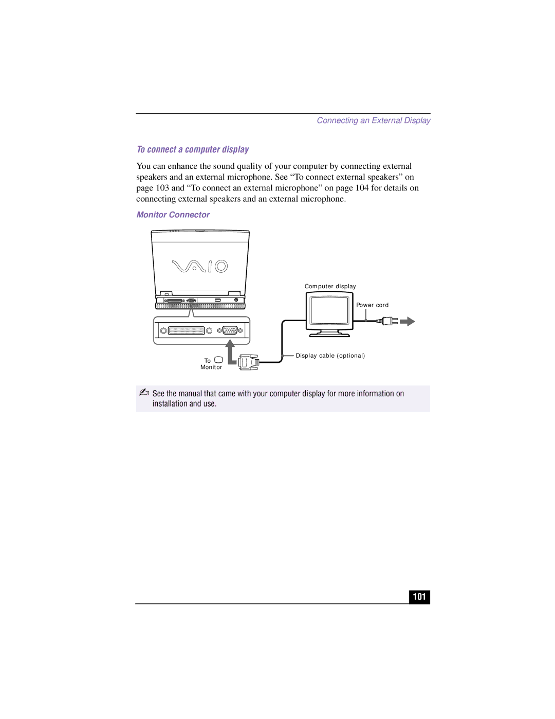 Sony PCG-XG700K, PCG-XG500K manual To connect a computer display, 101, Monitor Connector 