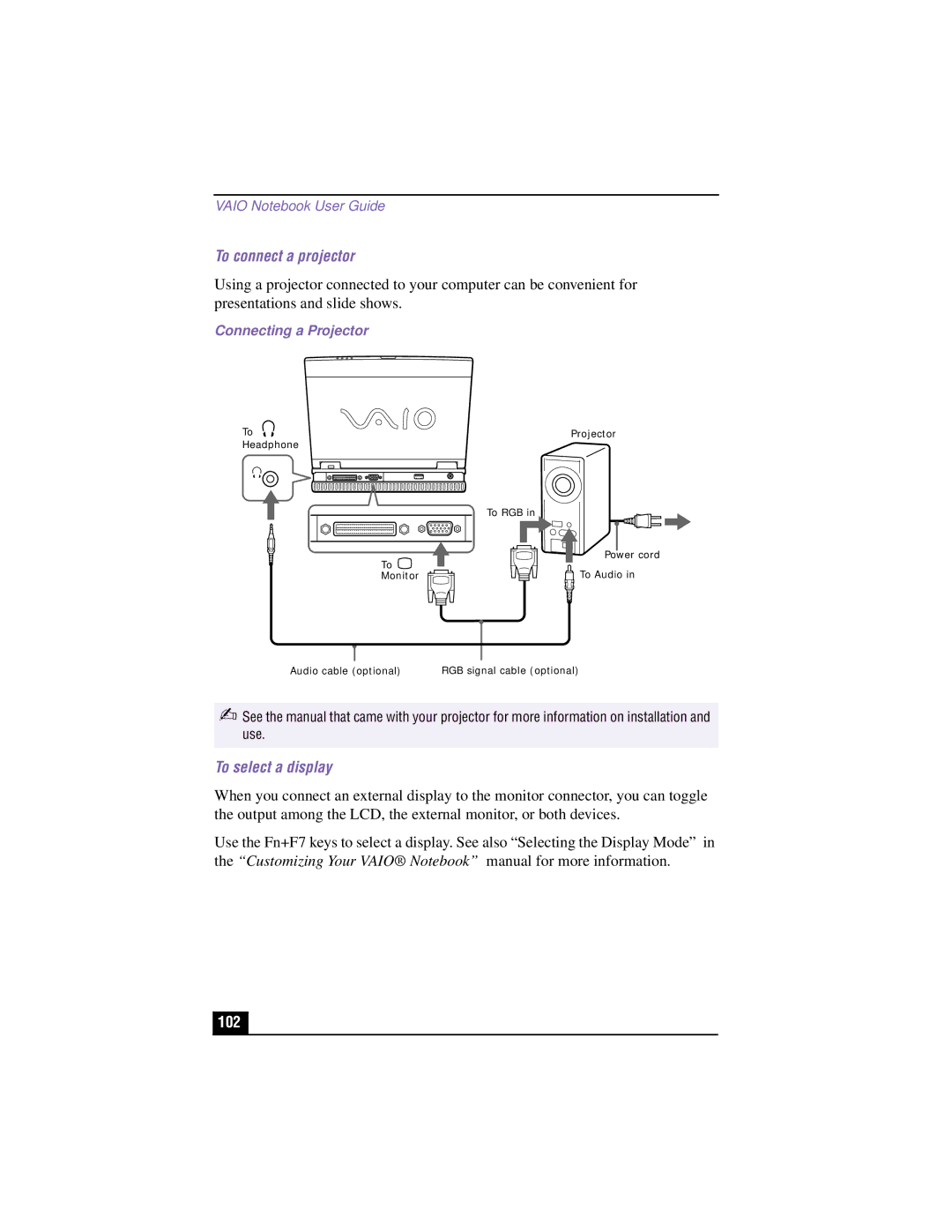 Sony PCG-XG500K, PCG-XG700K manual To connect a projector, To select a display, 102, Connecting a Projector 