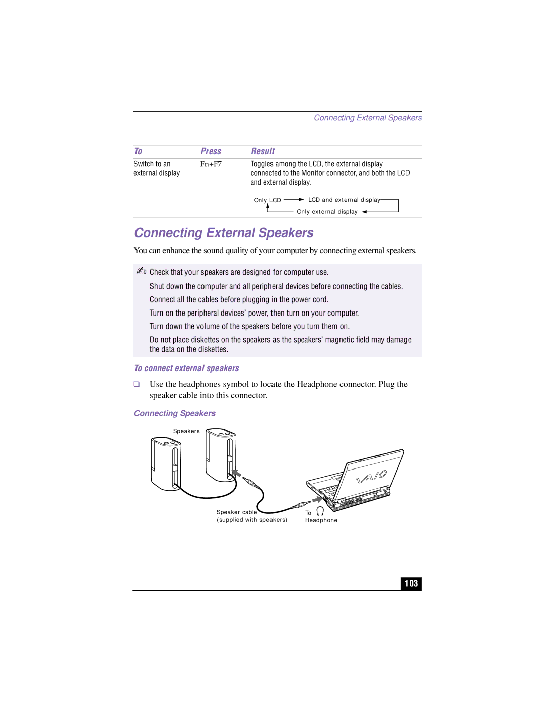 Sony PCG-XG700 manual Connecting External Speakers, Press Result, To connect external speakers, 103, Connecting Speakers 