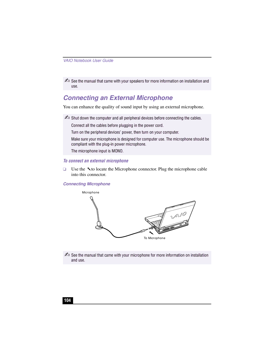 Sony PCG-XG700K manual Connecting an External Microphone, To connect an external microphone, 104, Connecting Microphone 