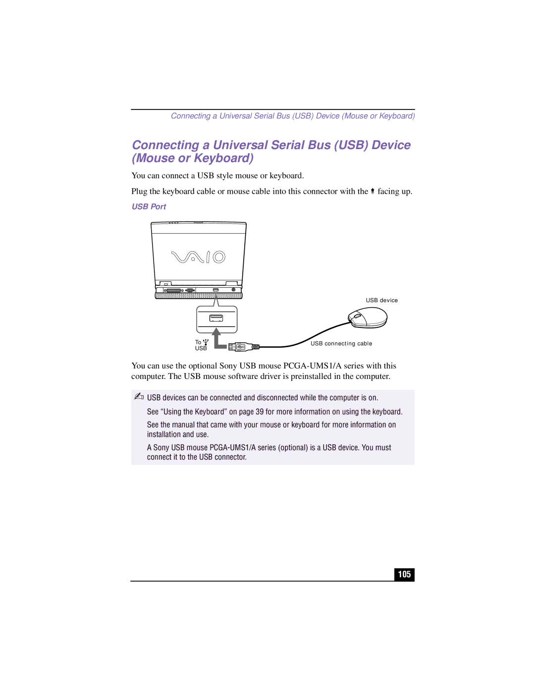 Sony PCG-XG700K, PCG-XG500K manual 105, USB Port 