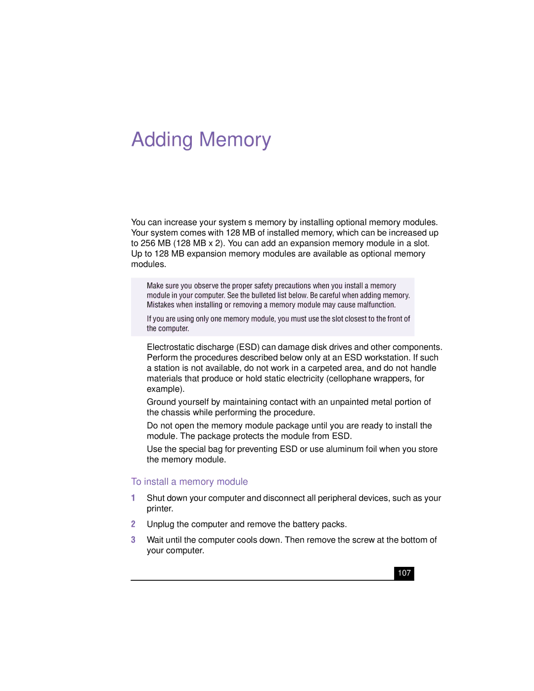 Sony PCG-XG700K, PCG-XG500K manual To install a memory module, 107 