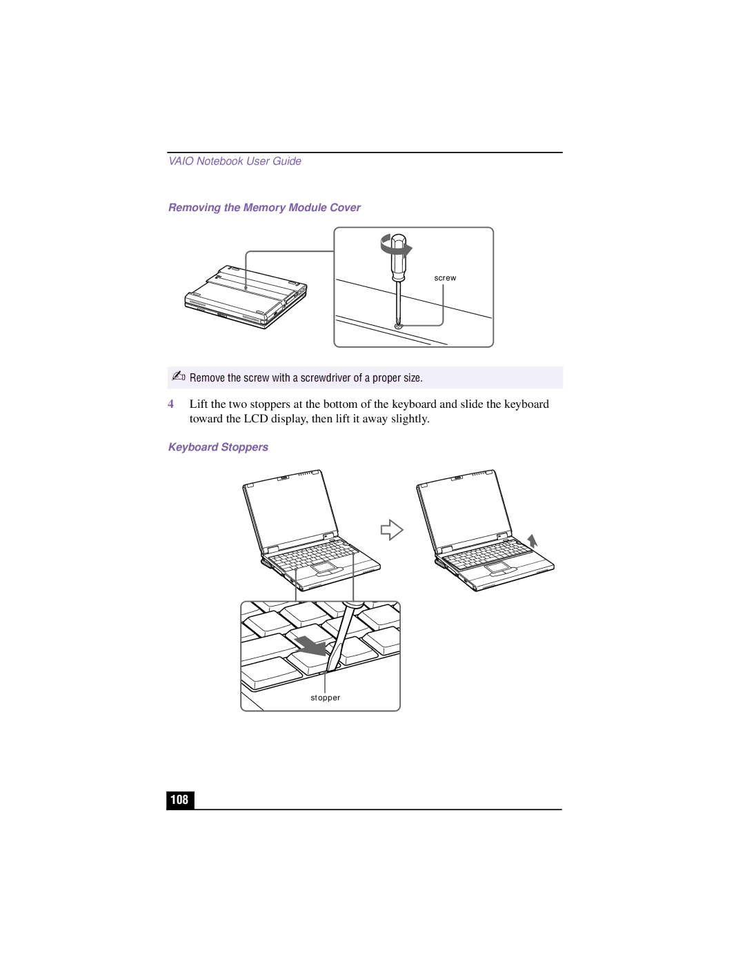 Sony PCG-XG700K, PCG-XG500K manual 108, Removing the Memory Module Cover, Keyboard Stoppers 