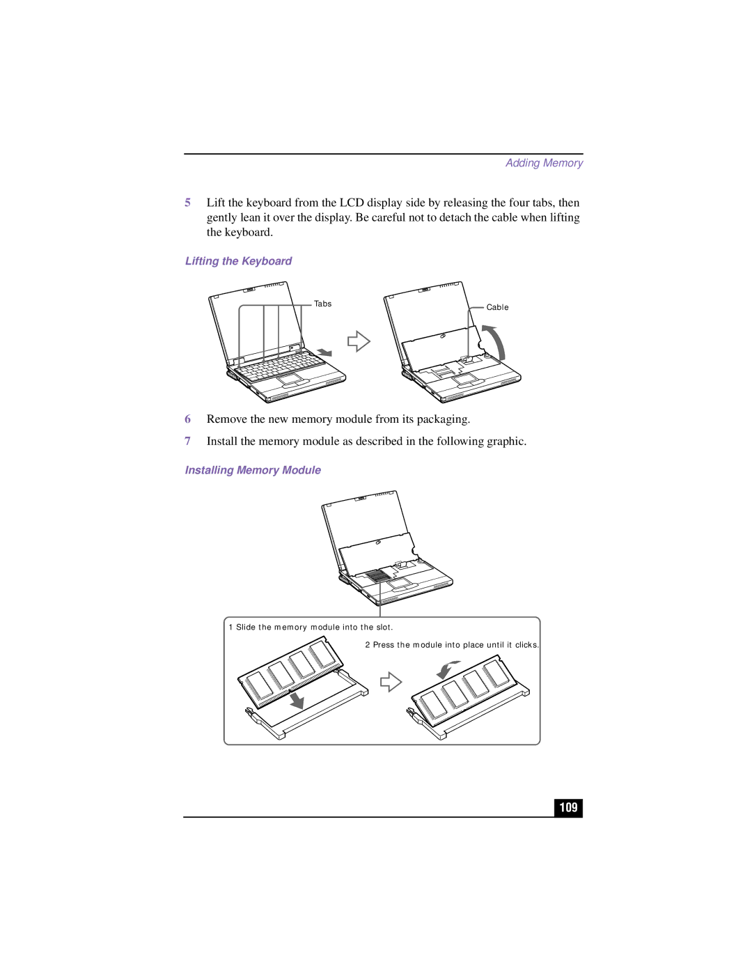 Sony PCG-XG700K, PCG-XG500K manual 109, Lifting the Keyboard, Installing Memory Module 