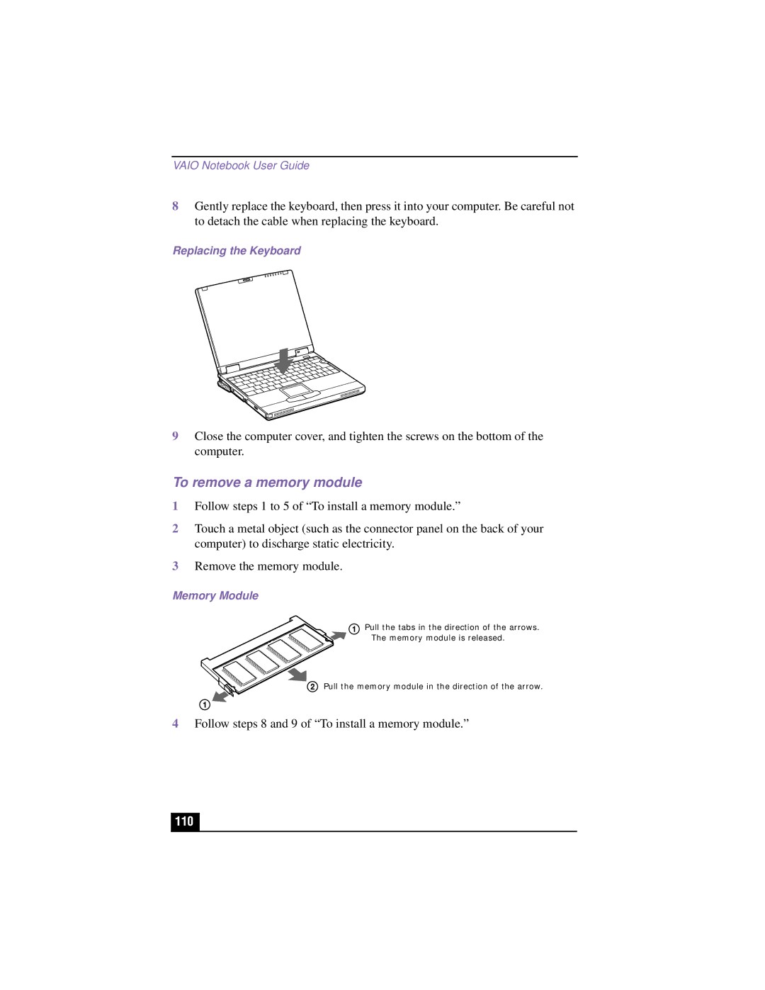 Sony PCG-XG500K, PCG-XG700K manual To remove a memory module, 110, Replacing the Keyboard, Memory Module 