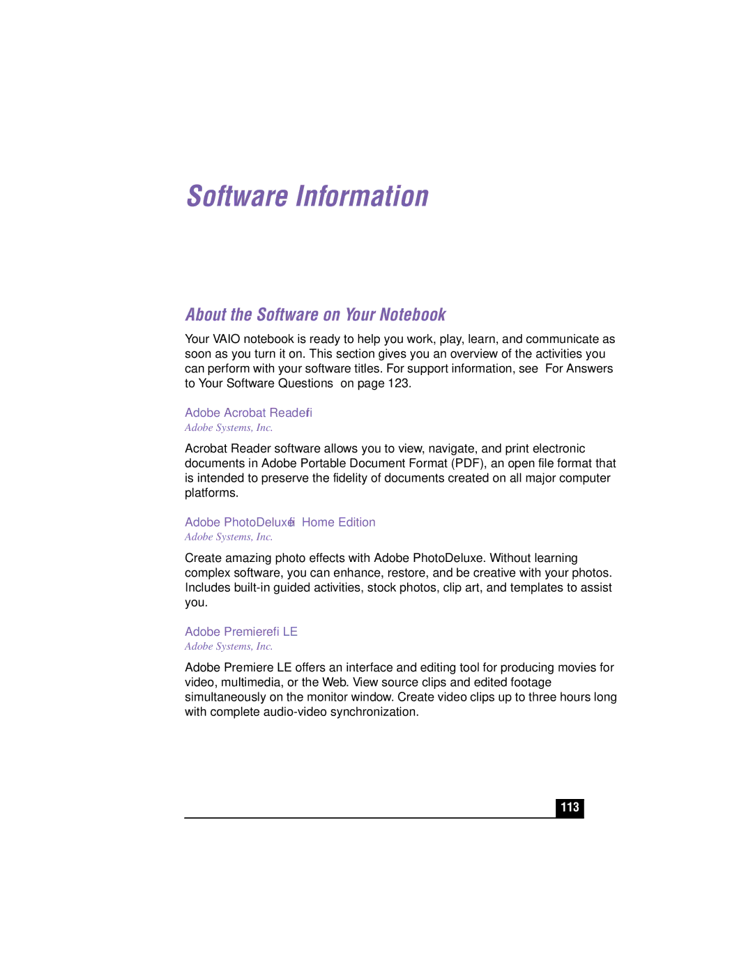 Sony PCG-XG700K, PCG-XG500K manual About the Software on Your Notebook, 113 