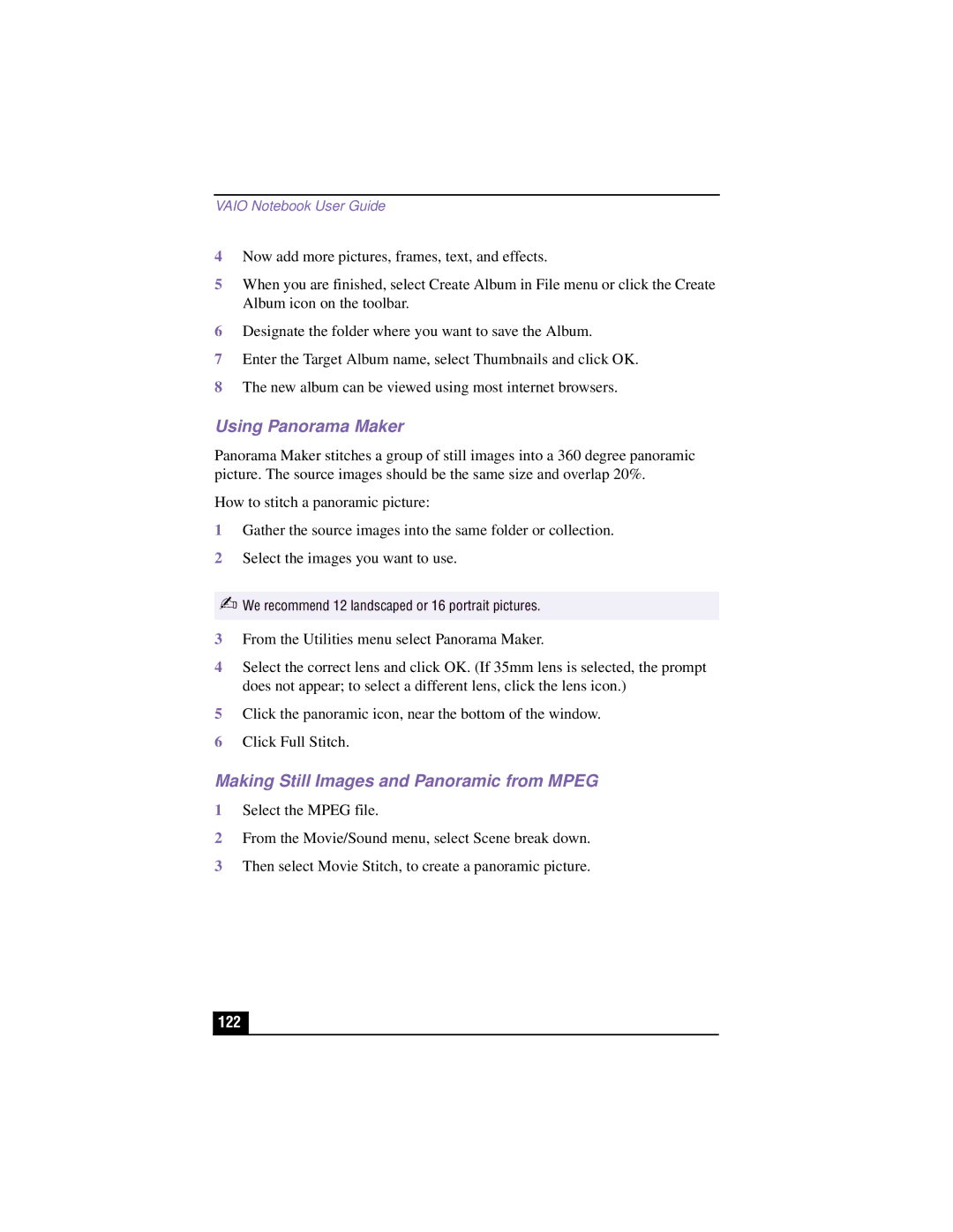 Sony PCG-XG500K, PCG-XG700K manual Using Panorama Maker, Making Still Images and Panoramic from Mpeg, 122 