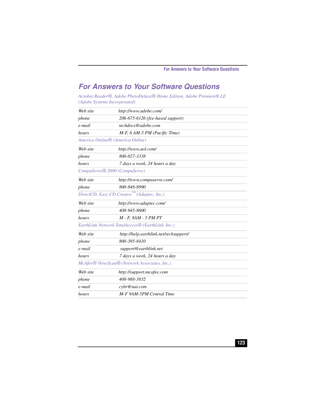 Sony PCG-XG700K, PCG-XG500K manual For Answers to Your Software Questions, 123 