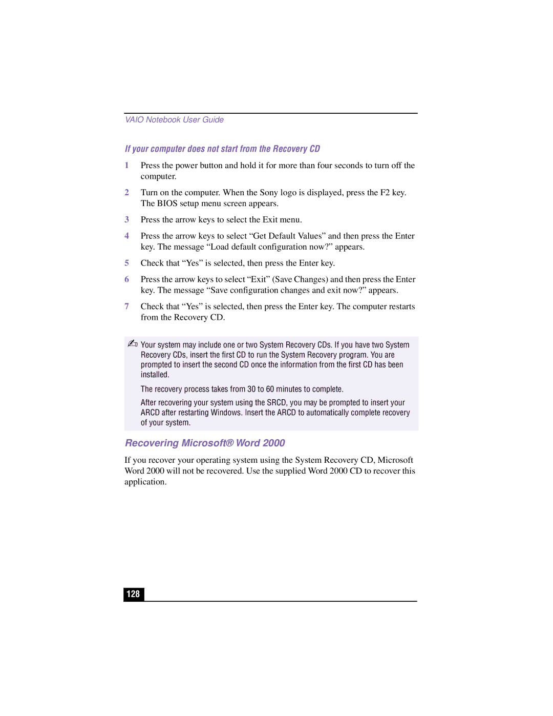 Sony PCG-XG700K, PCG-XG500K manual Recovering Microsoft Word, If your computer does not start from the Recovery CD, 128 