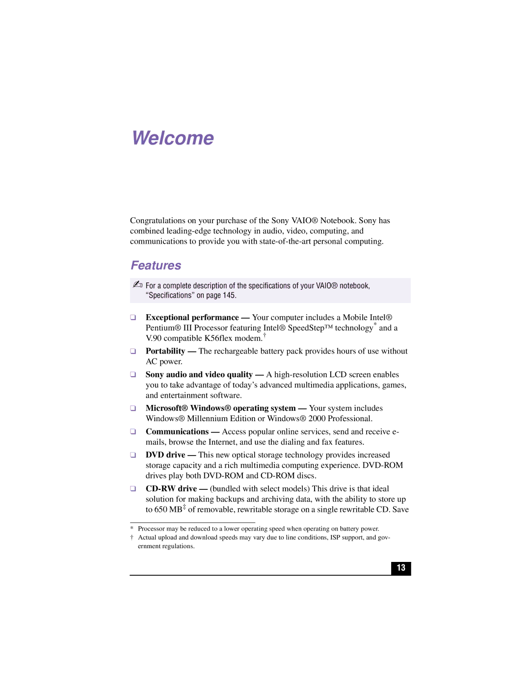 Sony PCG-XG700K, PCG-XG500K manual Welcome, Features 