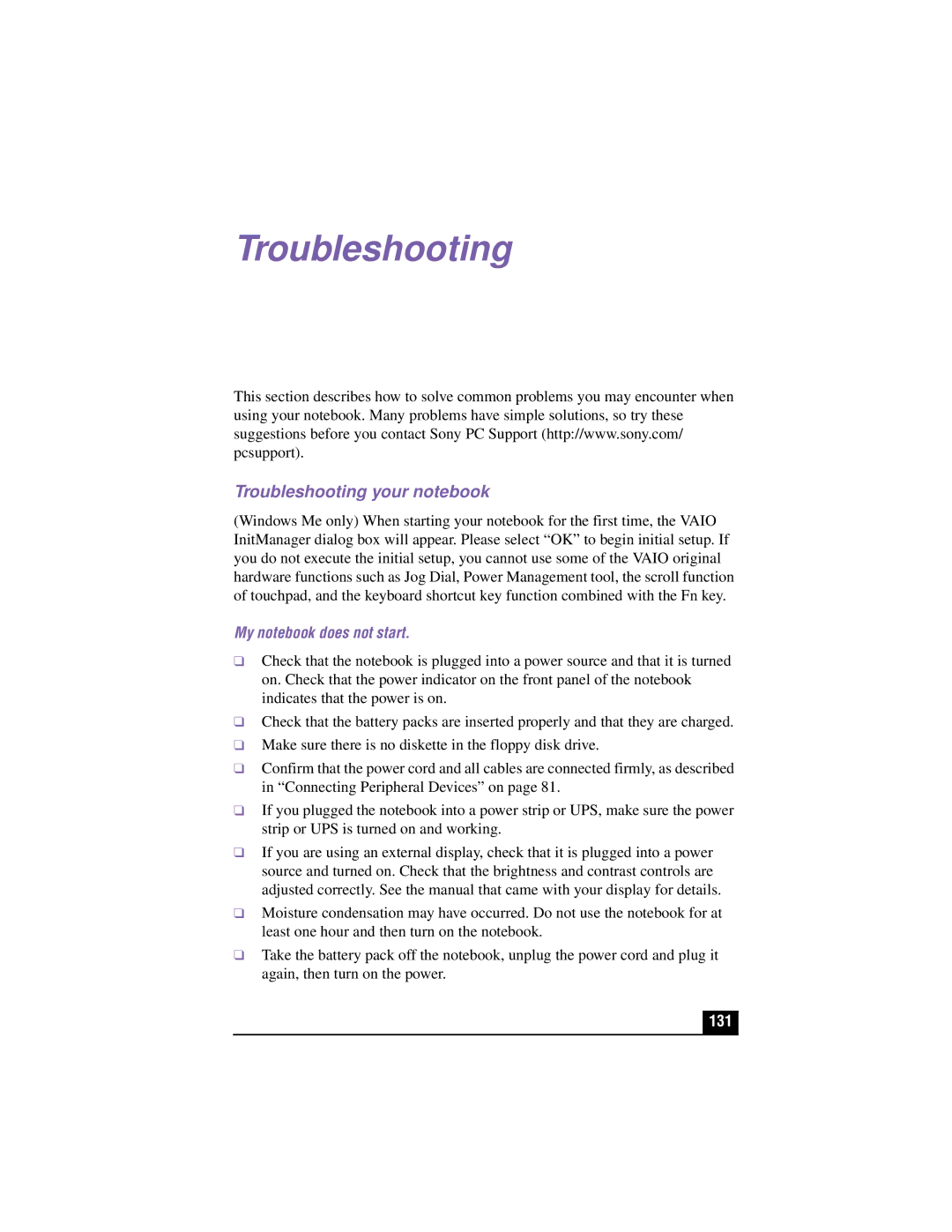 Sony PCG-XG700K, PCG-XG500K manual Troubleshooting your notebook, My notebook does not start, 131 