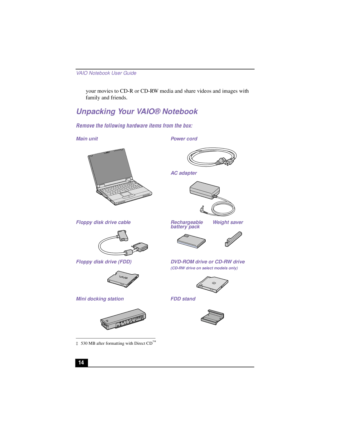 Sony PCG-XG500K, PCG-XG700K manual Unpacking Your Vaio Notebook, Remove the following hardware items from the box 