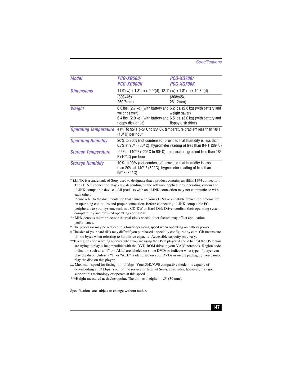 Sony PCG-XG700K, PCG-XG500K manual Dimensions, Weight, Operating Humidity, Storage Temperature, Storage Humidity 