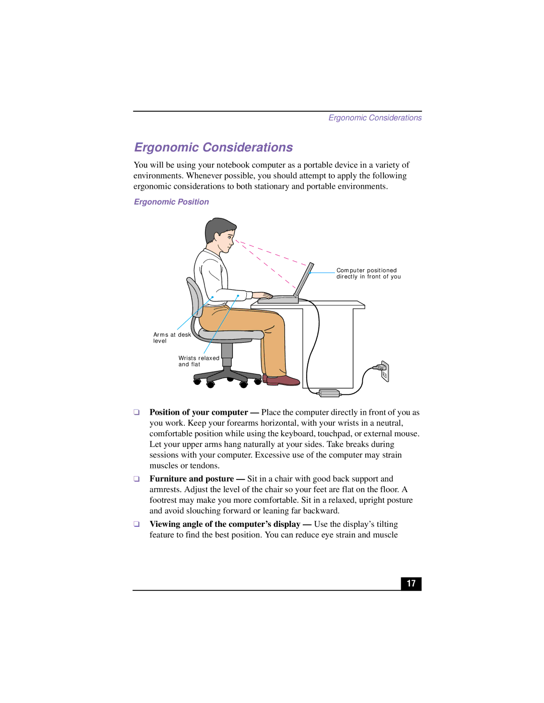 Sony PCG-XG700K, PCG-XG500K manual Ergonomic Considerations, Ergonomic Position 