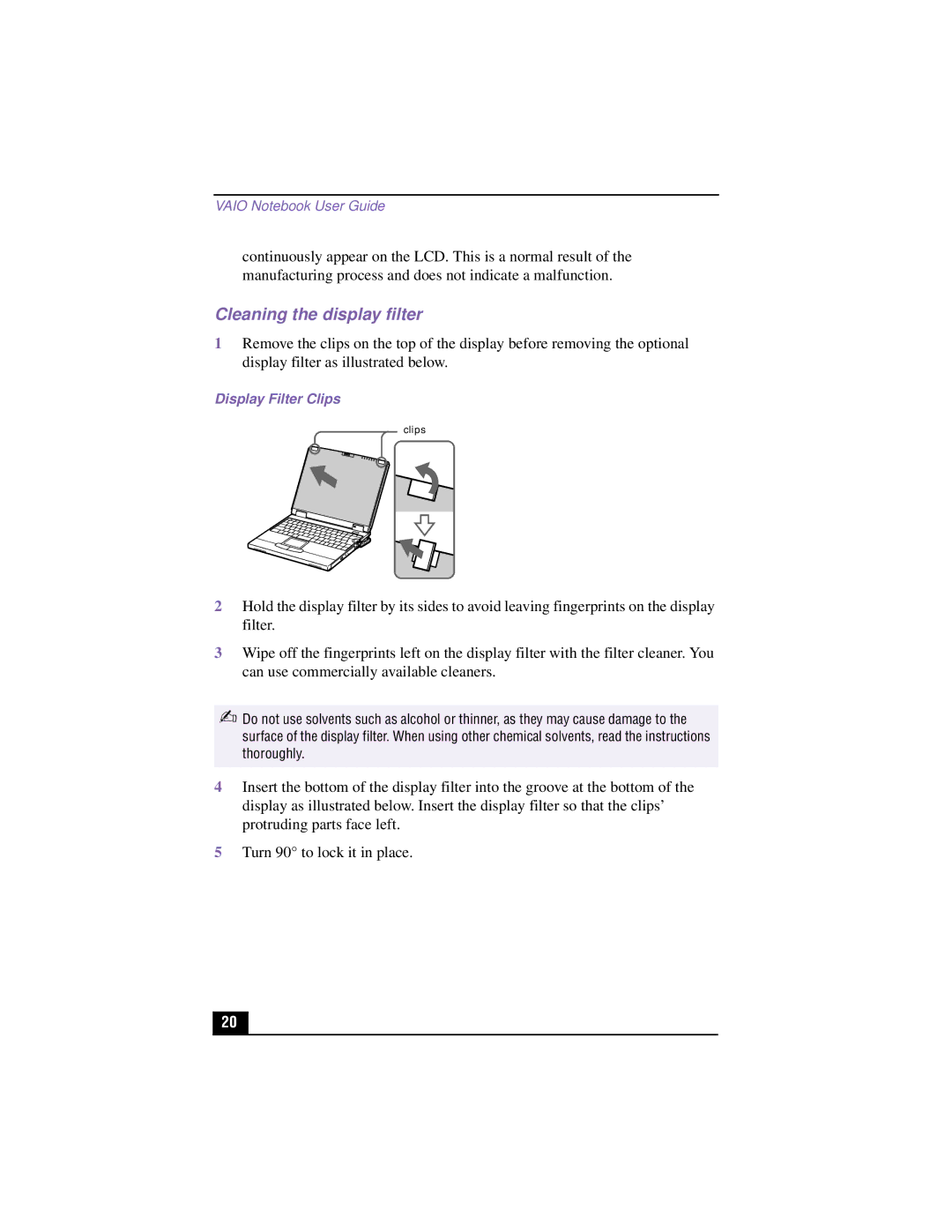 Sony PCG-XG700K, PCG-XG500K manual Cleaning the display filter, Display Filter Clips 