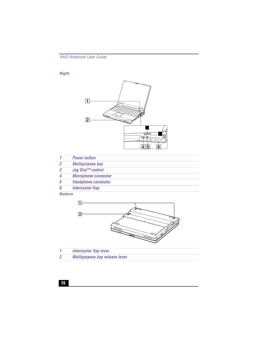 Sony PCG-XG500K, PCG-XG700K manual Intercooler flap lever Multipurpose bay release lever, Right, Bottom 