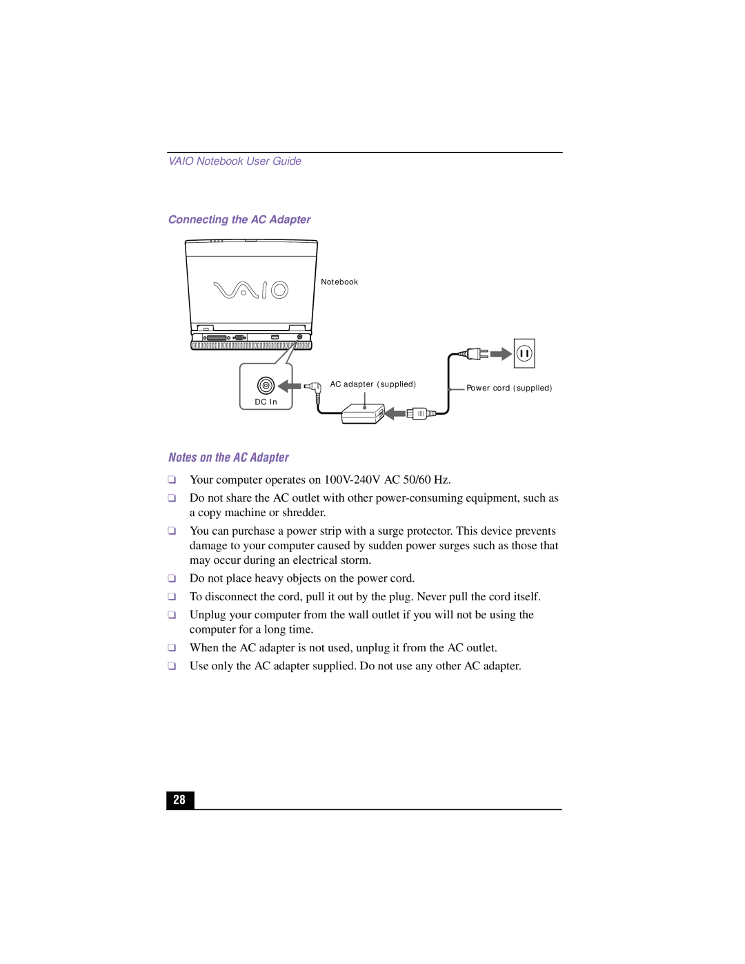 Sony PCG-XG700K, PCG-XG500K manual Connecting the AC Adapter 