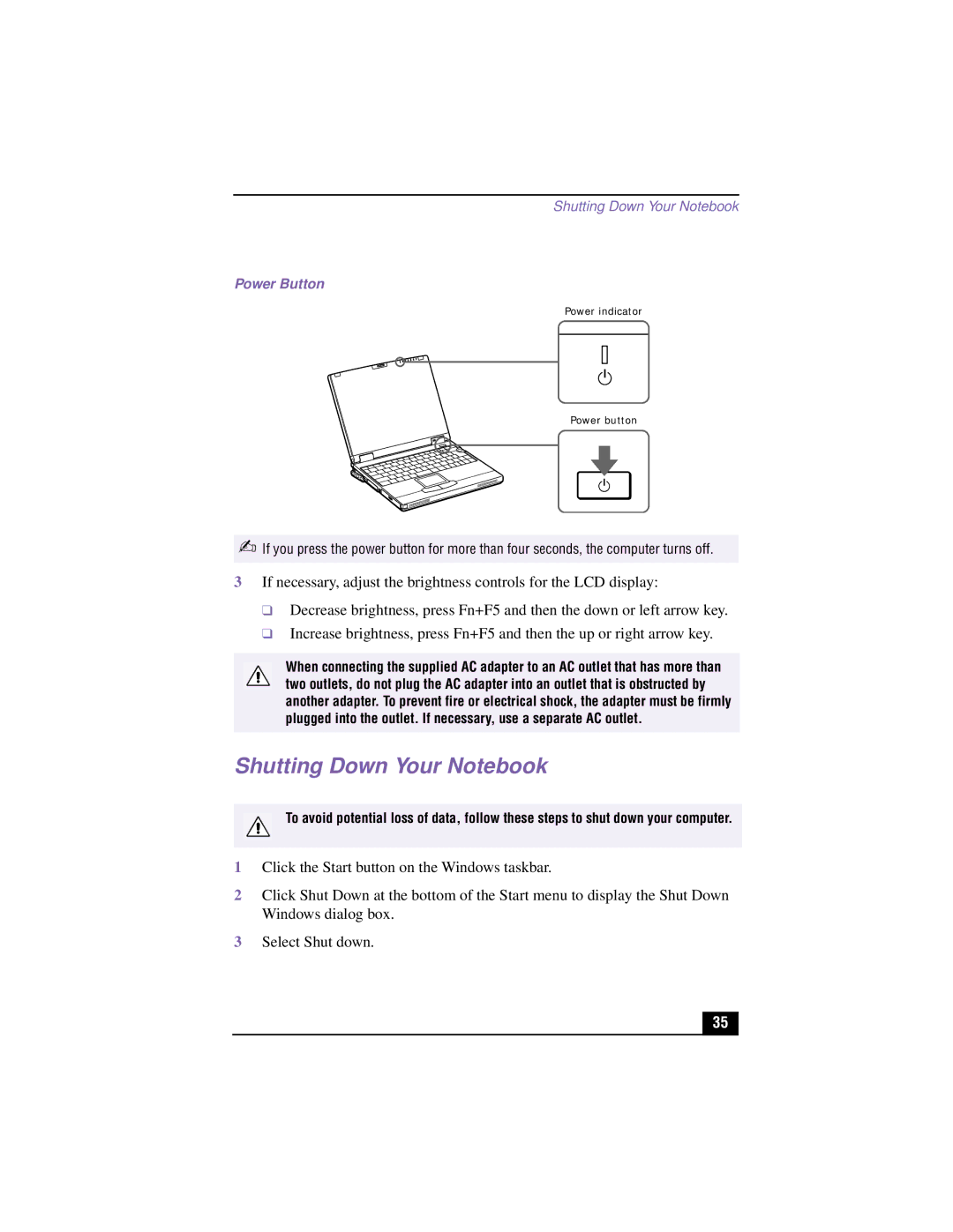 Sony PCG-XG700K, PCG-XG500K manual Shutting Down Your Notebook, Power Button 