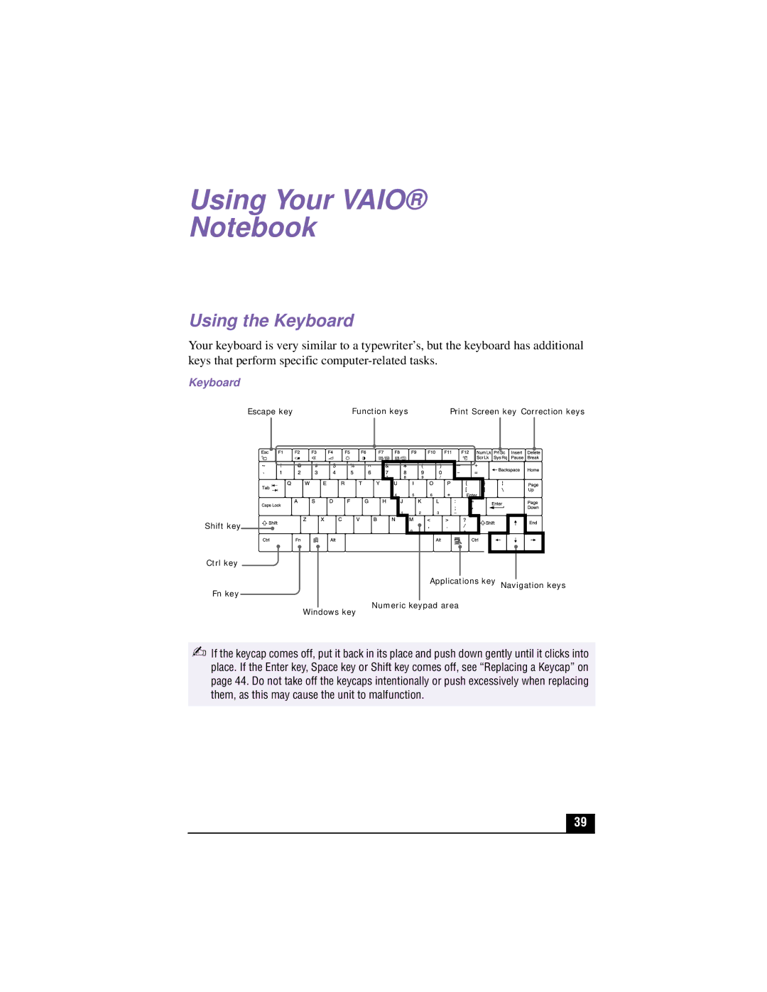 Sony PCG-XG700K, PCG-XG500K manual Using the Keyboard 