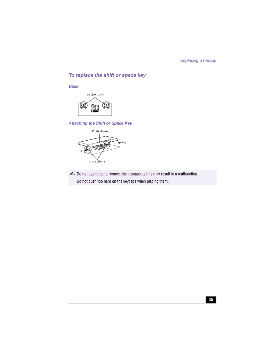 Sony PCG-XG700K, PCG-XG500K manual To replace the shift or space key, Attaching the Shift or Space Key 