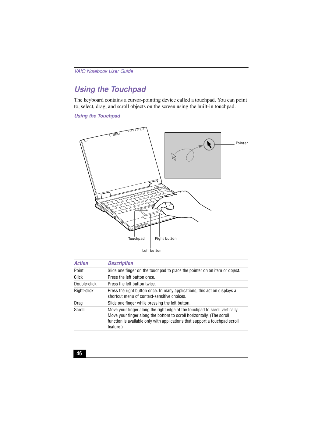 Sony PCG-XG500K, PCG-XG700K manual Using the Touchpad, Action Description 