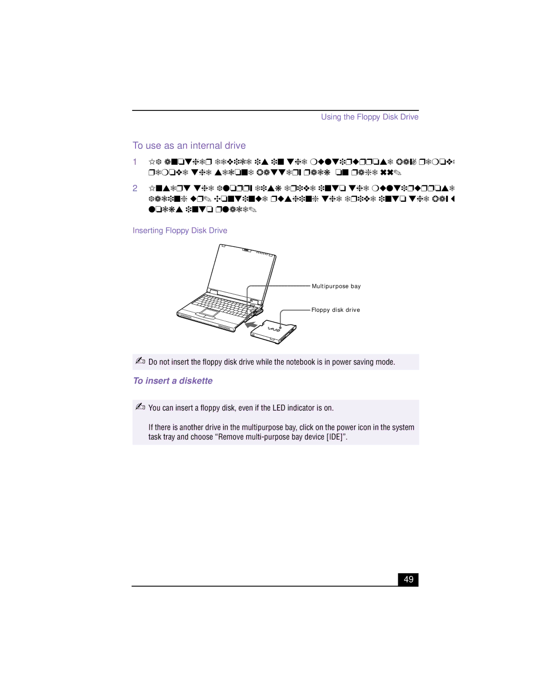 Sony PCG-XG700K, PCG-XG500K manual To use as an internal drive, To insert a diskette, Inserting Floppy Disk Drive 