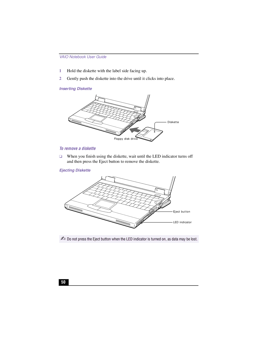 Sony PCG-XG500K, PCG-XG700K manual To remove a diskette, Inserting Diskette, Ejecting Diskette 