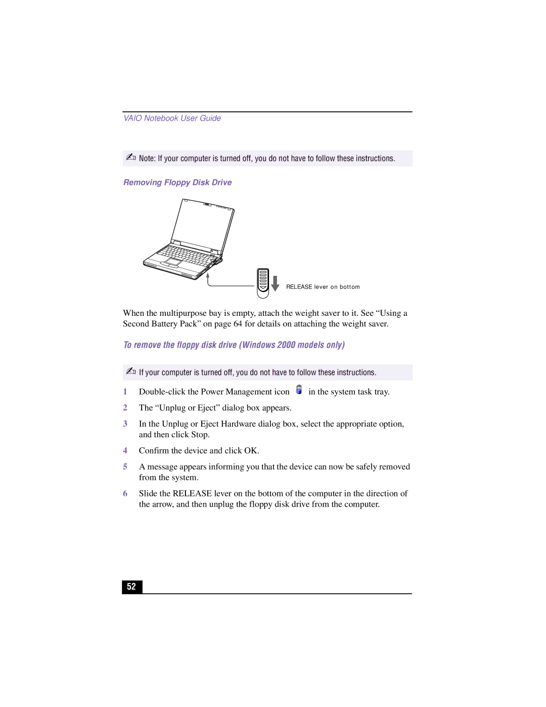 Sony PCG-XG700K, PCG-XG500K manual To remove the floppy disk drive Windows 2000 models only, Removing Floppy Disk Drive 