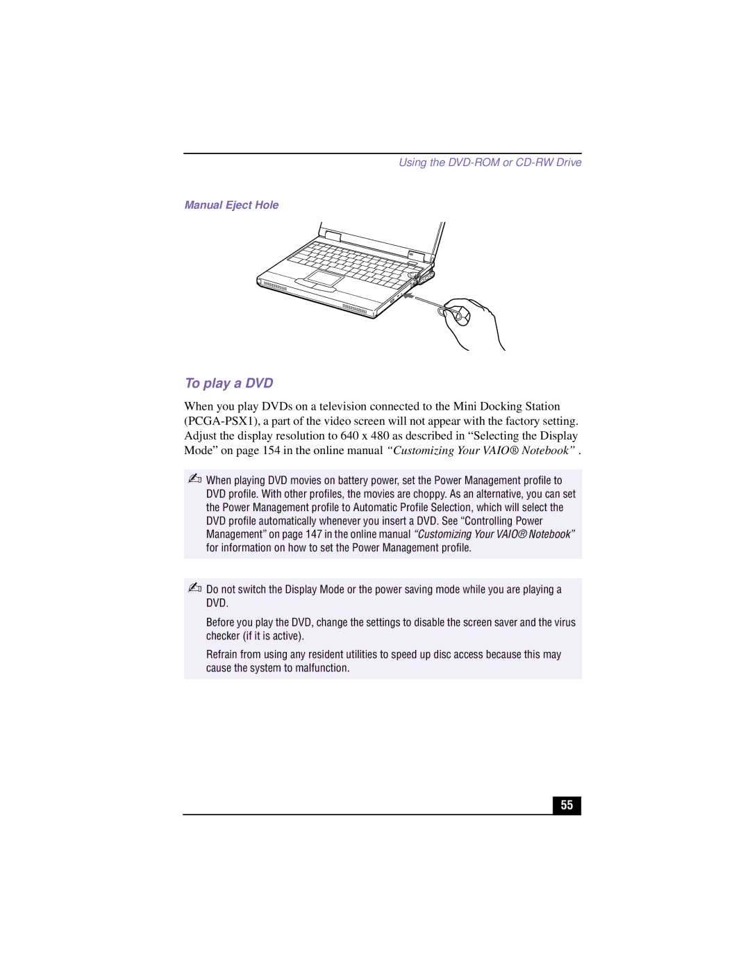 Sony PCG-XG700K, PCG-XG500K manual To play a DVD, Manual Eject Hole 