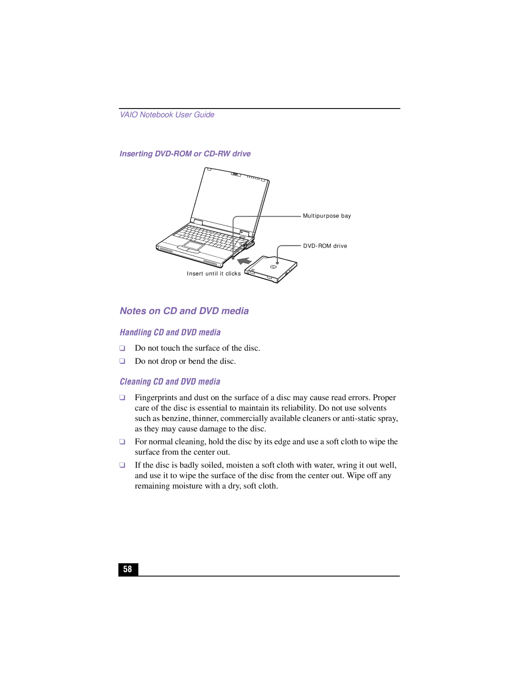 Sony PCG-XG500K, PCG-XG700K manual Handling CD and DVD media, Cleaning CD and DVD media, Inserting DVD-ROM or CD-RW drive 