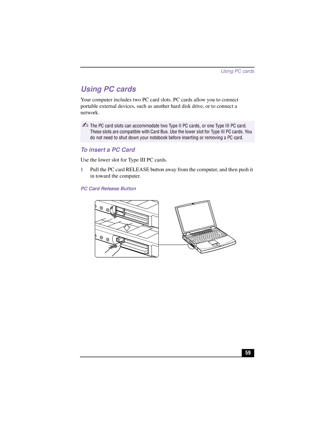 Sony PCG-XG700K, PCG-XG500K manual Using PC cards, To insert a PC Card, PC Card Release Button 