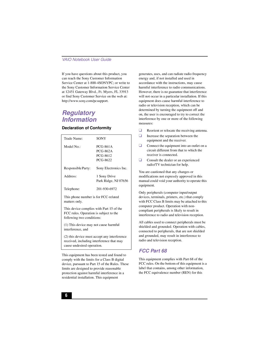 Sony PCG-XG500K, PCG-XG700K manual Regulatory Information, FCC Part 