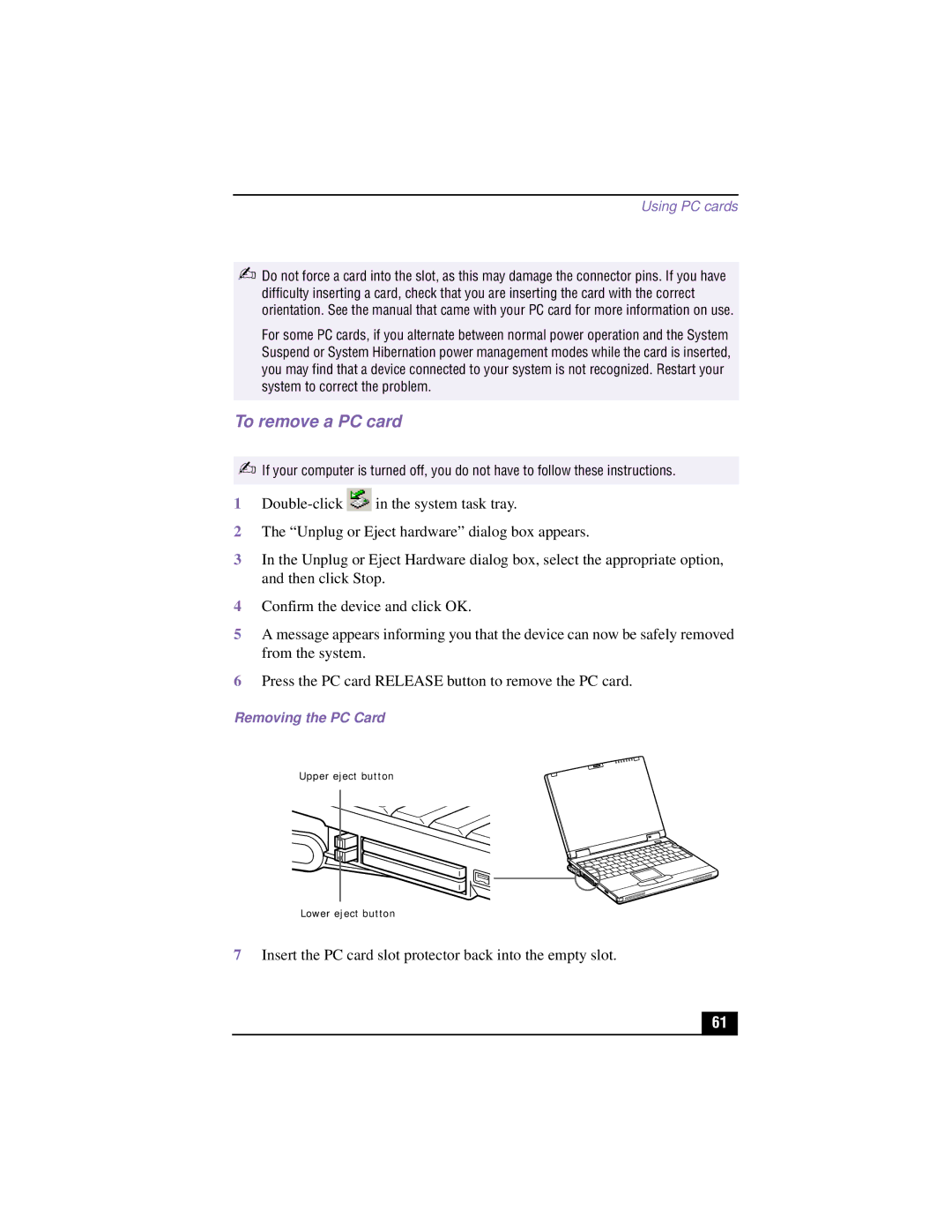 Sony PCG-XG700K, PCG-XG500K manual To remove a PC card, Removing the PC Card 