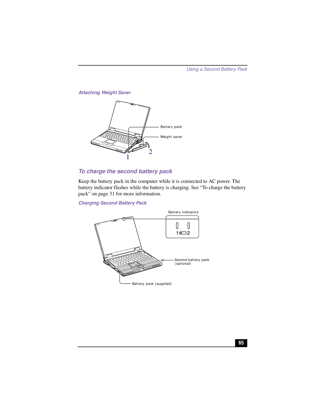 Sony PCG-XG500, PCG-XG700K manual To charge the second battery pack, Attaching Weight Saver, Charging Second Battery Pack 