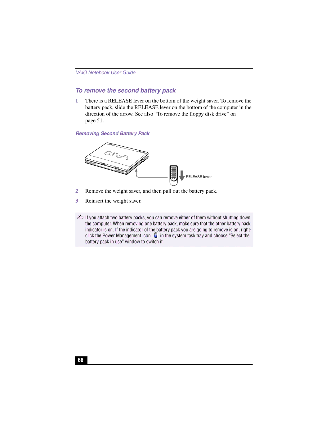 Sony PCG-XG500K, PCG-XG700K manual To remove the second battery pack, Removing Second Battery Pack 