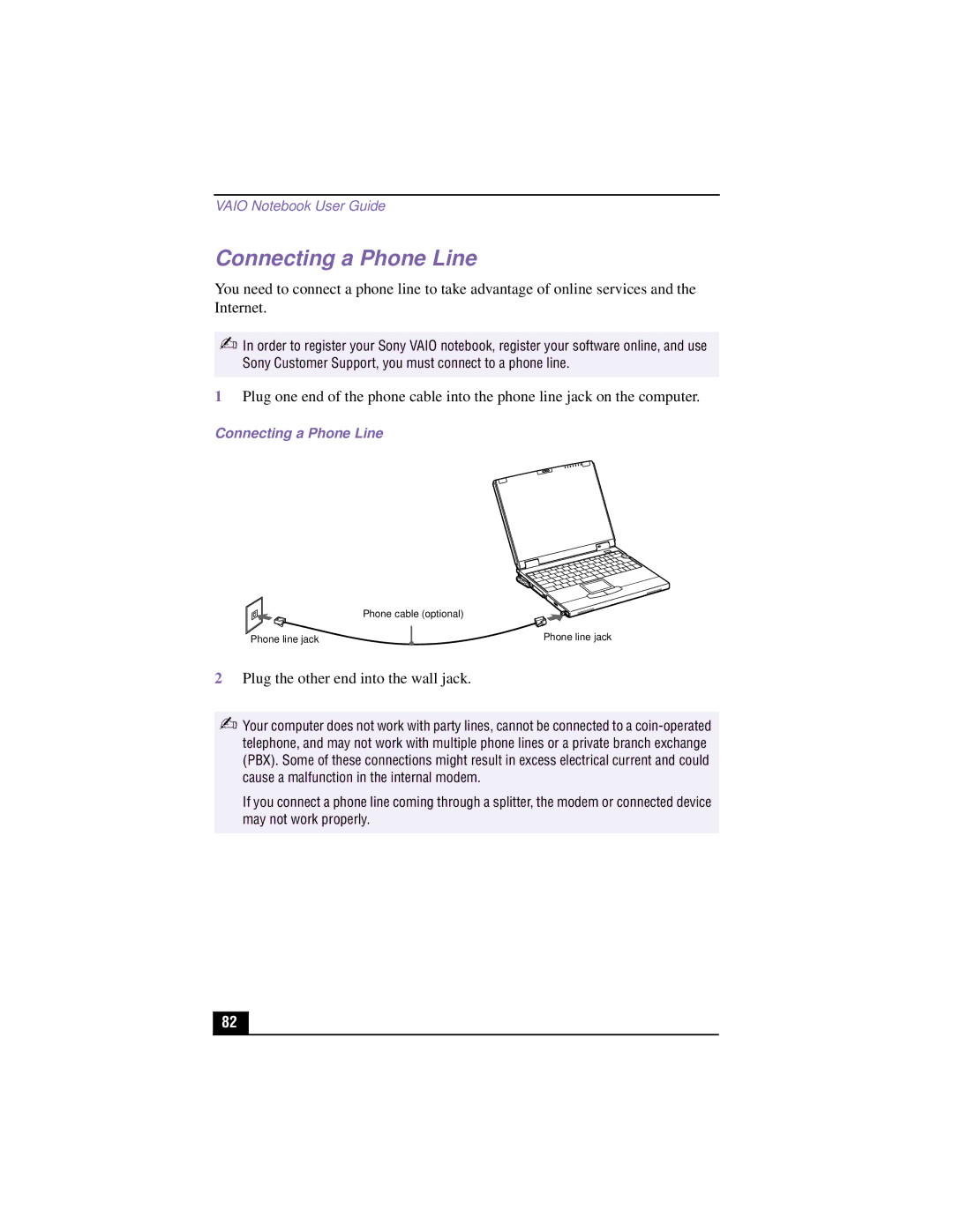 Sony PCG-XG500K, PCG-XG700K manual Connecting a Phone Line 