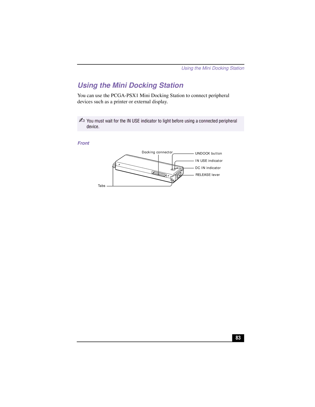 Sony PCG-XG700K, PCG-XG500K manual Using the Mini Docking Station, Front 