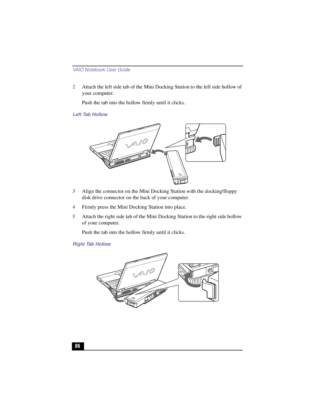 Sony PCG-XG500K, PCG-XG700K manual Left Tab Hollow, Right Tab Hollow 