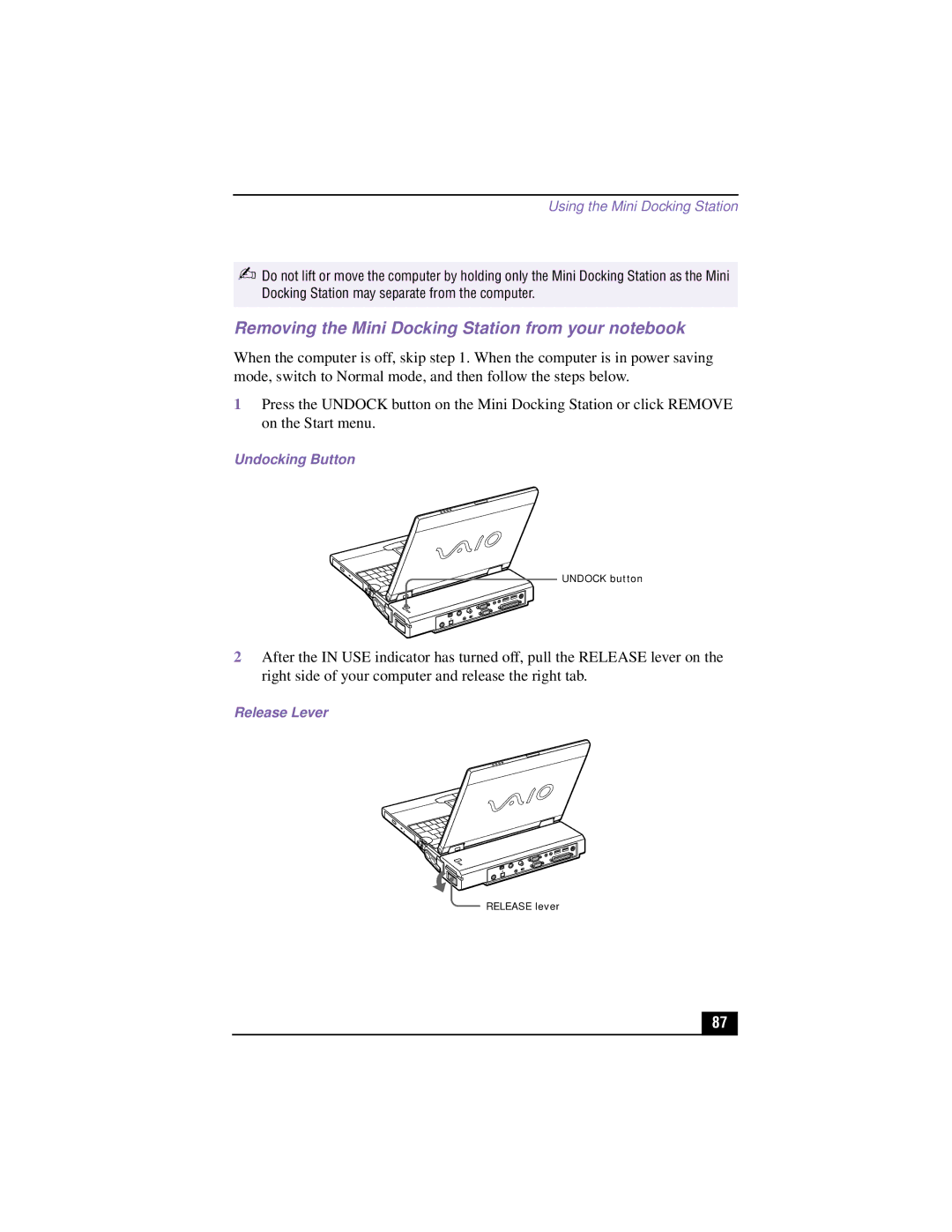 Sony PCG-XG700K, PCG-XG500K manual Removing the Mini Docking Station from your notebook, Undocking Button 