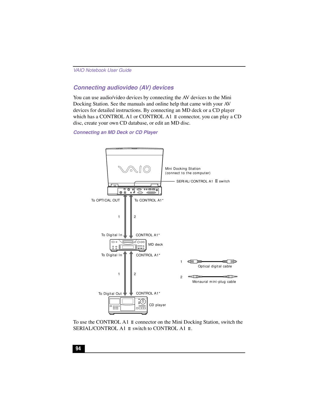 Sony PCG-XG500K, PCG-XG700K manual Connecting audiovideo AV devices, Connecting an MD Deck or CD Player 