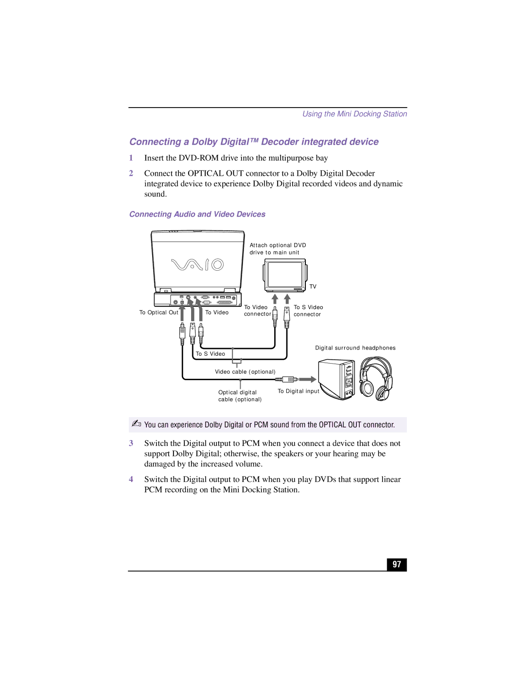 Sony PCG-XG500, PCG-XG700K manual Connecting a Dolby Digital Decoder integrated device, Connecting Audio and Video Devices 